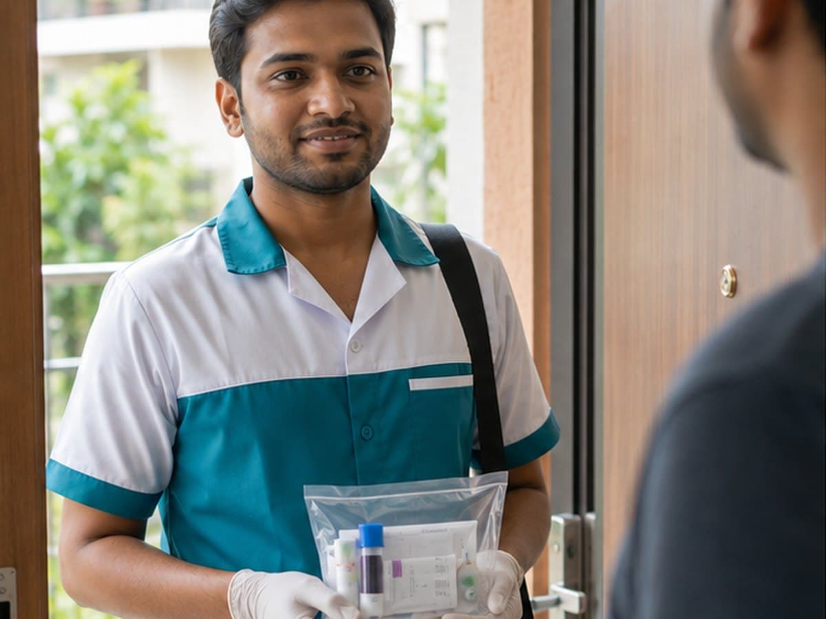 A phlebotomist in uniform arriving at the door of a home with a sealed collection kit
